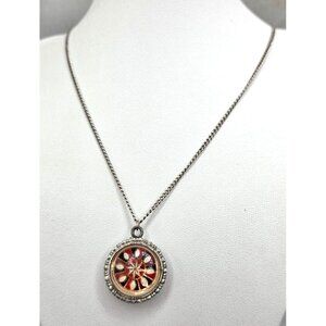 Double-Sided Silver Pendant Necklace With Enamel Peacock & Red Floral Design